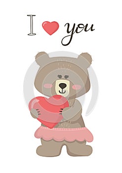 Vector illustration cartoon cute bear girl holding a heart and lettering I love you