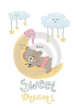 Vector illustration cartoon cute bear girl sleeping on the moon and clouds with stars and lettering Sweet dreams