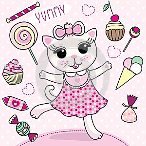 Vector illustration of cartoon cute cat girl with candies