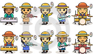 Vector illustration cartoon of cute Girls farmer Music Band.