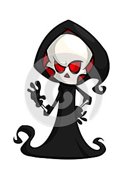 Vector illustration of cartoon death Halloween monster mascot isolated on dark background. Cute cartoon grim reaper.