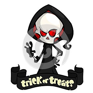 Vector illustration of cartoon death Halloween monster mascot isolated on dark background. Cute cartoon grim reaper