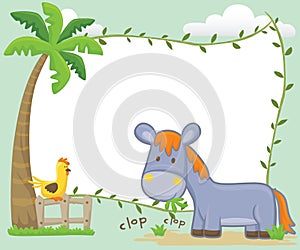 Vector illustration of cartoon donkey eating grass in garden with a chicken perch on fence under coconut tree. Farm animals with