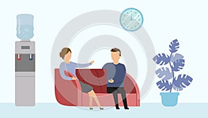 Vector Illustration In Cartoon Flat Style On Blue Background. Office Interior Surrounding. Two Characters Sitting On