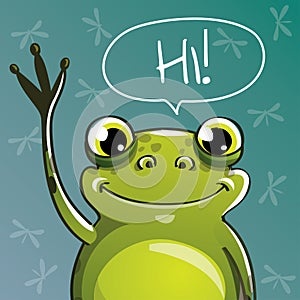 Vector illustration of cartoon frog. Hi.