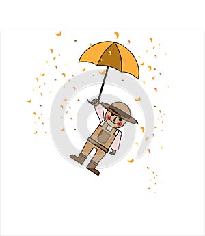 Vector illustration of a cartoon garden doll with an umbrella in autumn