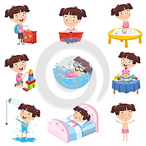 Vector Illustration Of Cartoon Girl Doing Various Activities