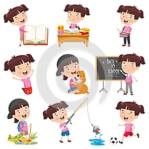 Vector Illustration Of Cartoon Girl Doing Various Activities