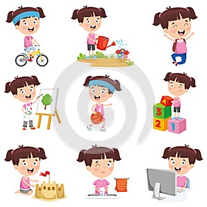 Vector Illustration Of Cartoon Girl Doing Various Activities