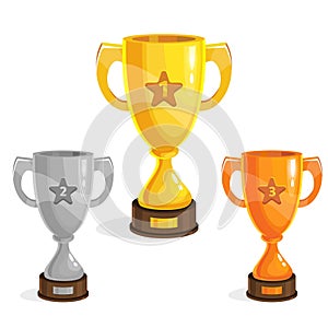 Cartoon gold, silver and bronze winner cup for game design. Game assets.