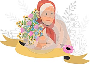 Vector illustration of cartoon grandmother with bouquet.