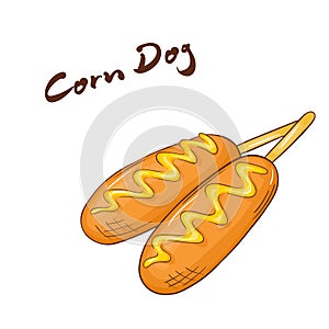 Vector illustration of an cartoon hand drawn fast food. Corn dog.