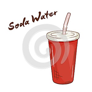 Vector illustration of an cartoon hand drawn fast food. Soda water in closed paper cup with a straw.