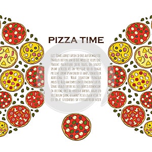 Vector illustration with cartoon hand drawn pizza background