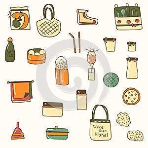 Vector illustration with cartoon hand drawn zero waste life objects