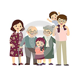 Vector illustration cartoon of a happy family. Mother, father, grandparents, and children with a cat. Vector people