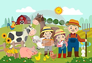Cartoon of happy farmer and kids with farm animals on the farm photo