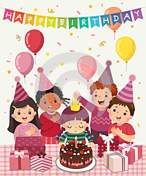 Cartoon of happy group of children having fun at birthday party. Little girl blowing out candle on birthday