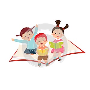 Vector illustration cartoon of happy kids flying on the book on white background