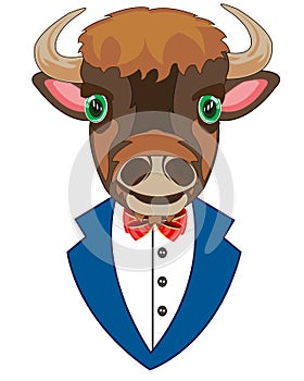 Vector illustration of the cartoon of the head of the oxen in tuxedo