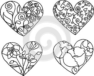 Vector illustration cartoon heart shape and flowers design set