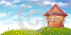 Vector illustration of cartoon home on meadow