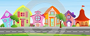 Vector illustration of cartoon houses in bright colors on sky background. Colorful lovely and funny buildings on street photo