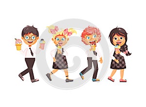 Vector illustration cartoon isolated characters children, pupils, schoolboys, schoolgirls eat ice cream, vanilla