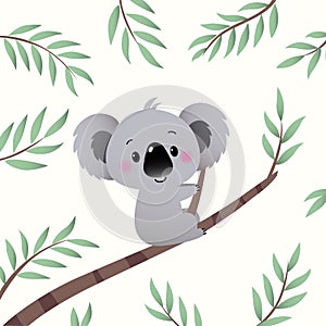 Vector illustration cartoon koala climbing in the Eucalyptus tree branch