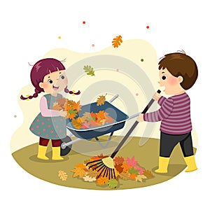 Cartoon of a little boy and girl raking the leaves. Kids doing housework chores at home concept