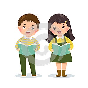 Vector illustration cartoon of a little boy and girl reading books