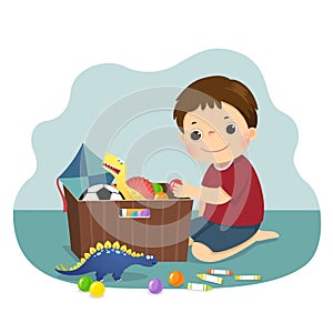 Cartoon of a little boy putting his toys into the box. Kids doing housework chores at home concept photo