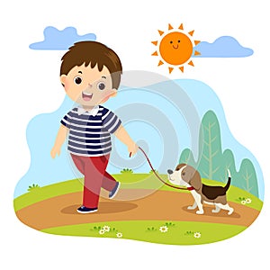 Cartoon of a little boy taking his dog for a walk outdoors in nature. Kids doing housework chores at home photo