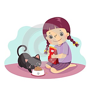 Cartoon of a little girl feeding her cat at home. Kids doing housework chores at home concept photo