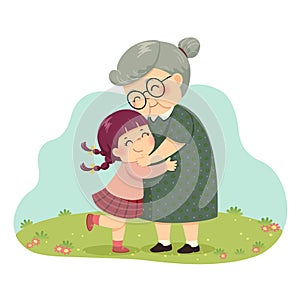 Cartoon of a little girl hugging her grandmother in the park