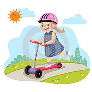 Cartoon of little girl riding three-wheeled scooter in the park photo