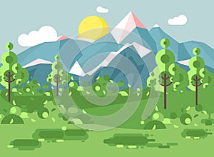 Vector illustration cartoon nature national park landscape with bushes, lawn, trees, daytime sunny day with blue sky and