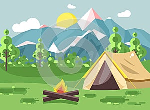 Vector illustration cartoon nature national park landscape with lonely tent camping hiking bonfire, open fire, bushes