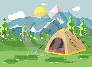 Vector illustration cartoon nature national park landscape with lonely tent camping hiking rules of survival bushes