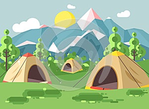 Vector illustration cartoon nature national park landscape with three tents camping hiking rules of survival bushes