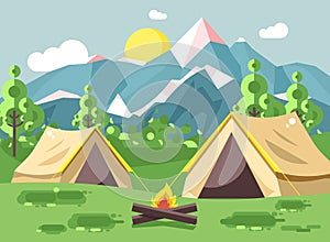 Vector illustration cartoon nature national park landscape with two tents camping hiking bonfire, open fire, bushes lawn