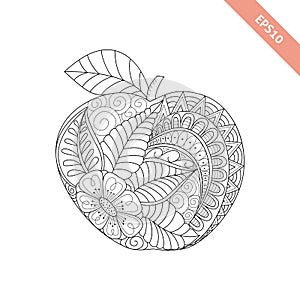 Vector illustration cartoon ornate apple. Coloring book page