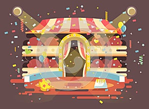 Vector illustration cartoon performance interior empty circus background, show on arena, perform with confetti in flat