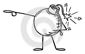 Retro Bomb Cartoon Character Pointing at Something by Hand. Vector Illustration