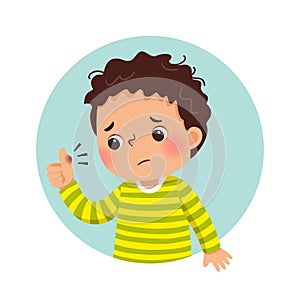 Cartoon sad boy looking at his swollen thumb. Health Problems concept photo