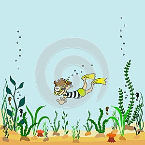 Vector illustration of cartoon seabed with seaweeds swimmers