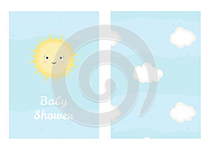 Vector illustration with cartoon smiling sun and inscription Baby Shower and seamless pattern with clouds.