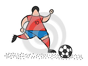 Vector cartoon soccer player man running and dribble ball on pit