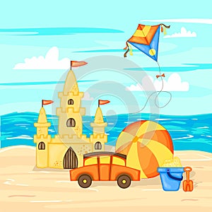 Vector illustration in cartoon style. Summer landscape sea and sand