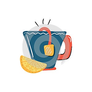 Vector illustration with cartoon trendy tea cup and lemon slice